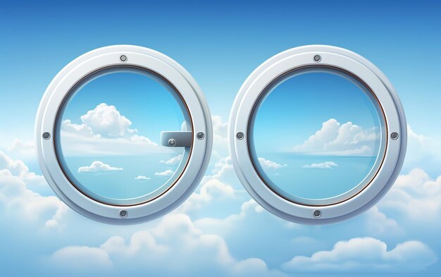 Rewrite this title airplane portholes with sky and wing Generative AI