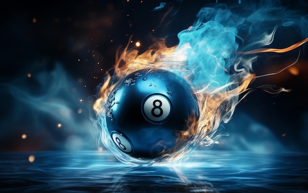 Rewrite this title flying black billiard eight ball in blue fire Generative AI