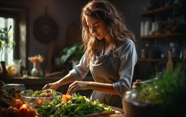 Перепишите это название: молодая женщина готовит салат на кухне. Генеративный ИИ.