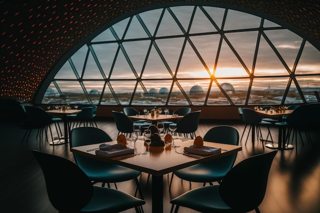 REYKJAVIK ICELAND JUNE 16 2019 Restaurant interior with a glass dome on a summer evening with the Perlan entertainment complex in Reykjavik