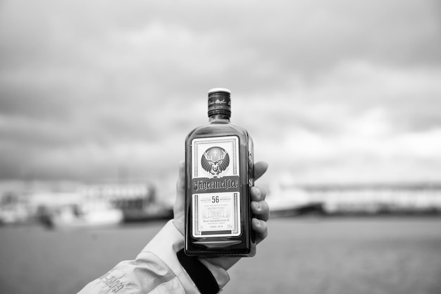 Photo reykjavik iceland october 13 2017 bottle of jagermeister in hand on seascape alcohol drink with herbs and spices on cloudy sky bad habits and addiction drinking outdoor during relax and enjoy