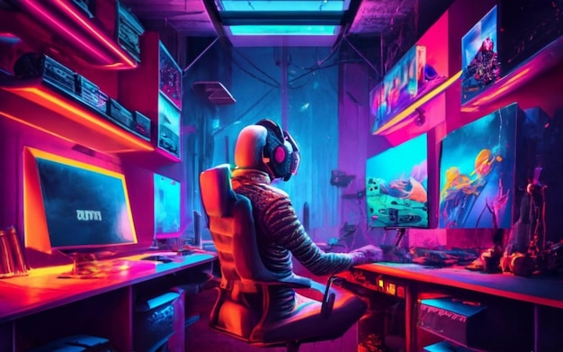 Rgb colorful dark gaming room Portrait photography