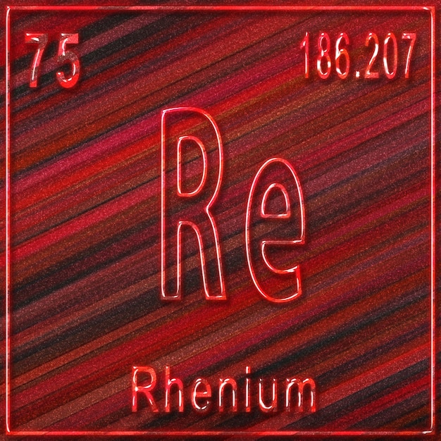 Foto rhenium scheikundig element, bord met atoomnummer en atoomgewicht, periodiek systeemelement