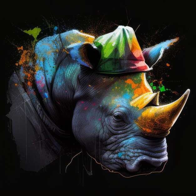 Photo rhino in a fashionable cap oil paint splash style vivid colors on black