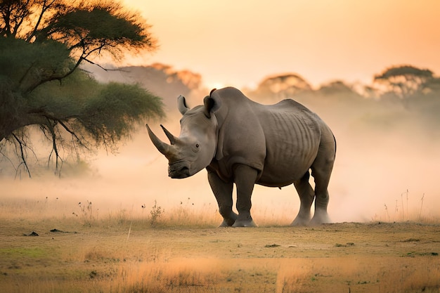 A rhino in a field at sunset