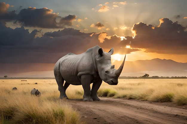 A rhino in a field with a sunset in the background