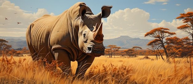 Rhino Grazes in Lush Forest