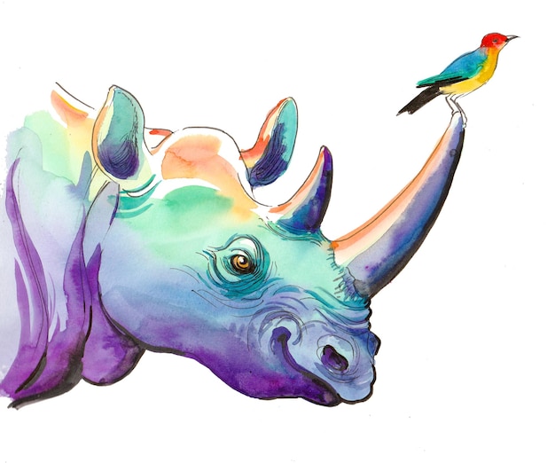 Rhino head and bird. Ink and watercolor drawing