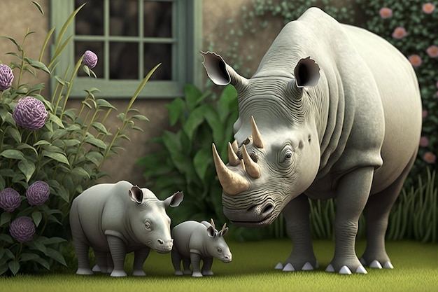 A rhino and her two baby rhinos stand in front of a house.