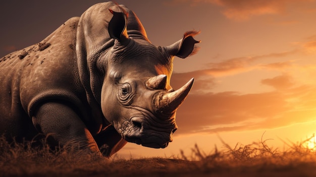 A rhino is standing in the grass at sunset ai