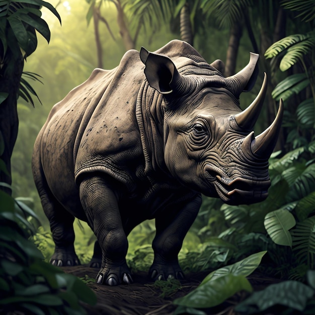 A rhino in a jungle with green leaves and a light background.