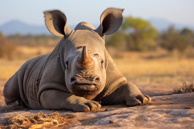 a rhino laying on a dirt ground in the wild