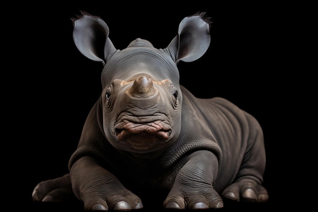 a rhino laying down on a black surface