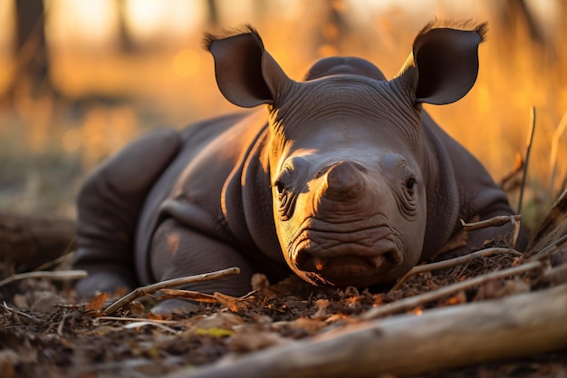 a rhino laying down in the dirt