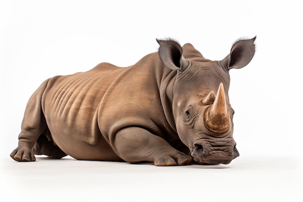 a rhino laying down on a white surface