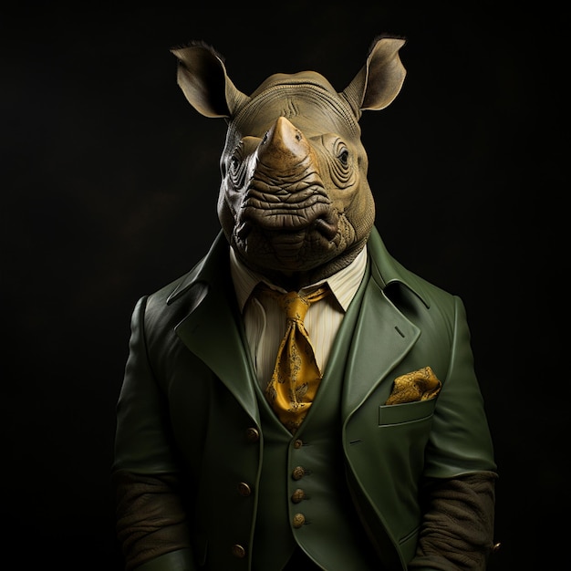 a rhino mask with a green jacket and a yellow tie.