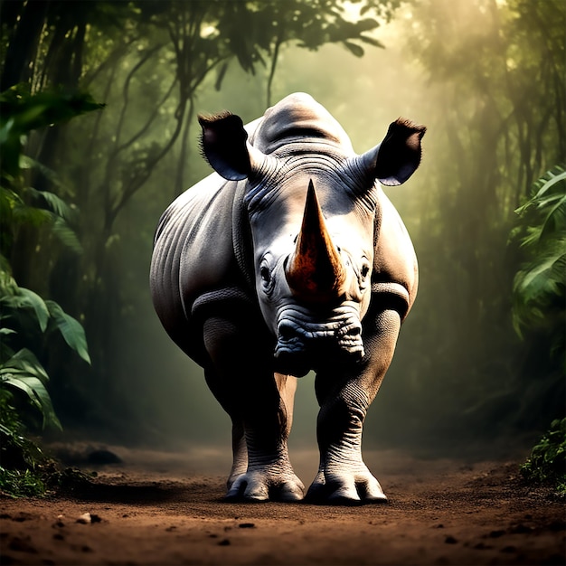 a rhino in the middle of the amazon rainforest clean image studio light front view photo