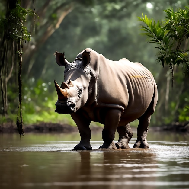 a rhino in the middle of the amazon rainforest clean image studio light front view photo