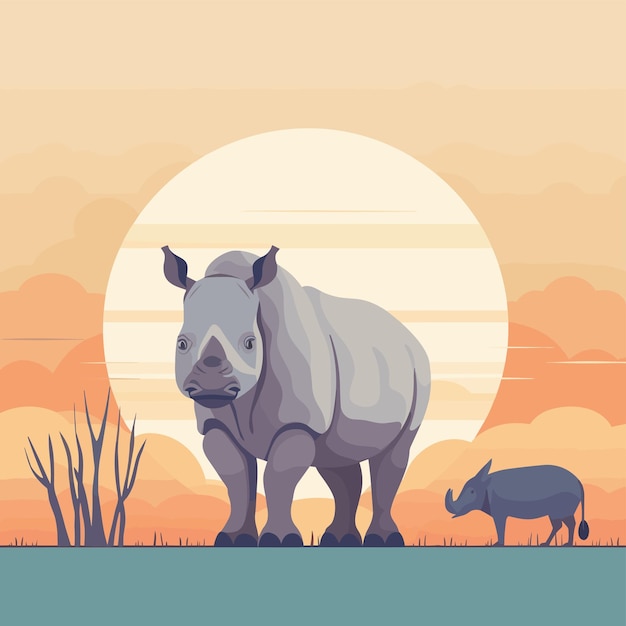 A rhino and rhino are standing in the grass with the sun behind them.