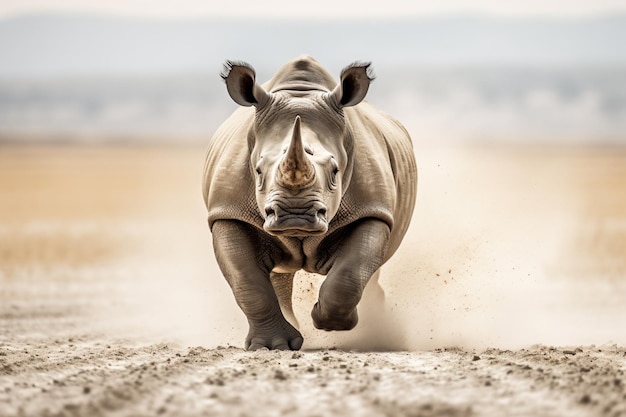 a rhino running on a dirt road in the wild