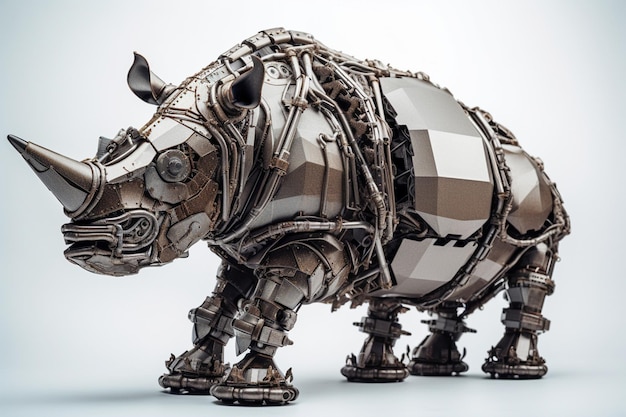 A rhino sculpture made of metal and silver pieces