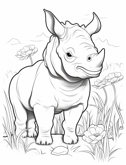 A rhino standing in the grass with flowers and grass around it generative ai