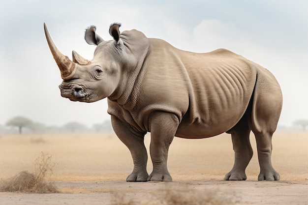 a rhino standing in the middle of a desert