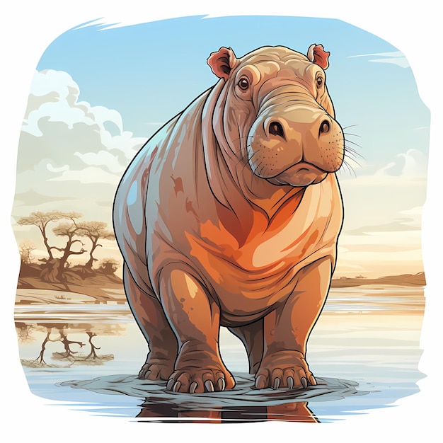 носорог, стоящий в воде с деревьями на заднем плане.