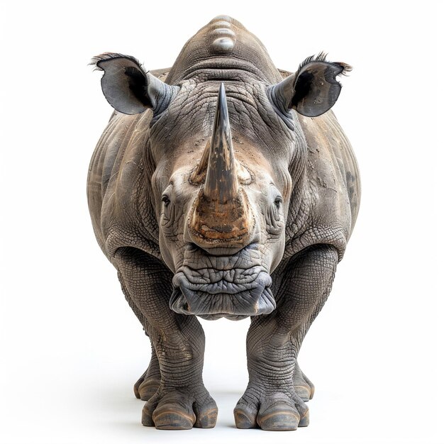 Photo a rhino standing on a white surface with its head turned