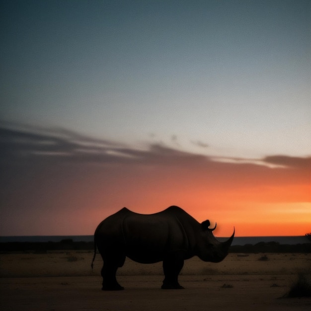 A rhino stands in a desert at sunset with the sun setting behind it.