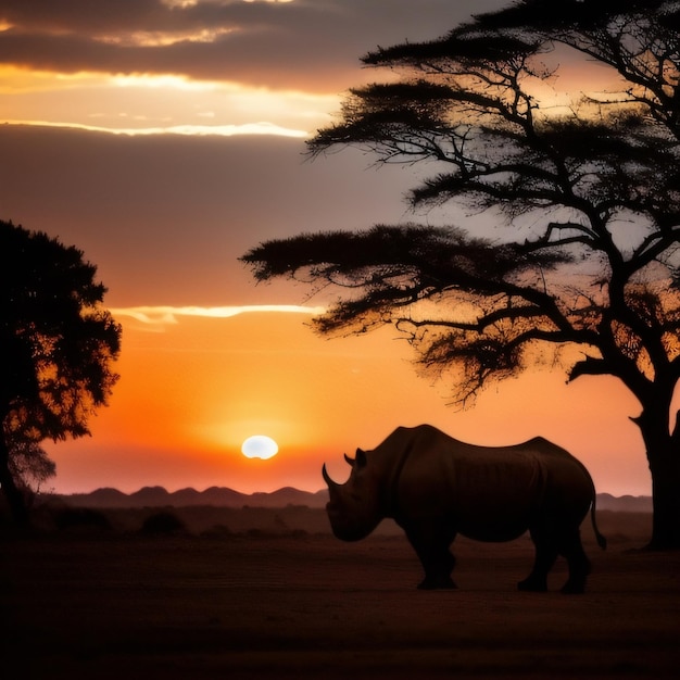 A rhino stands in front of a sunset with a tree in the foreground.