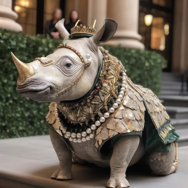 A rhino statue is on a patio in front of a building.