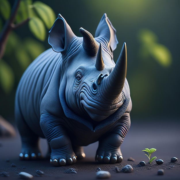 A rhino statue is standing next to a small plant.