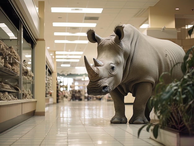a rhino statue in a store with a plant in the background