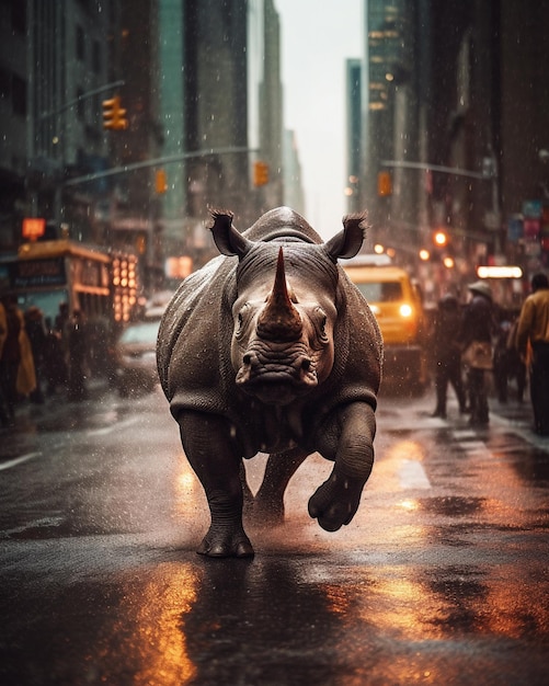 A rhino in the street with a city in the background