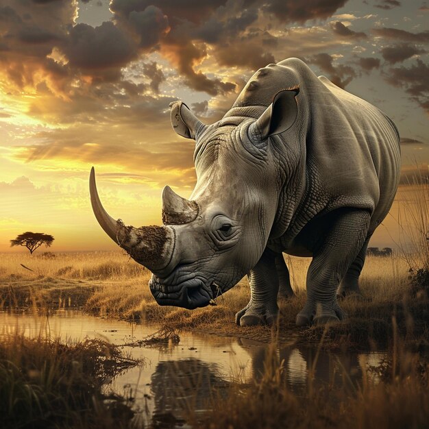 Rhino in Sunset Field International Rhino Day Scene