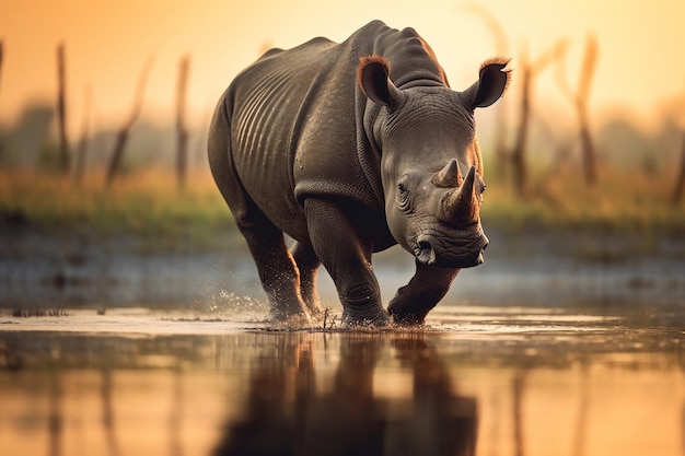 A rhino in a waterhole at sunset