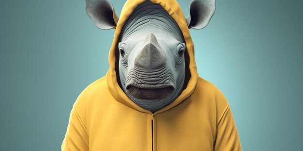 A rhino wearing a yellow hoodie with a hoodie.