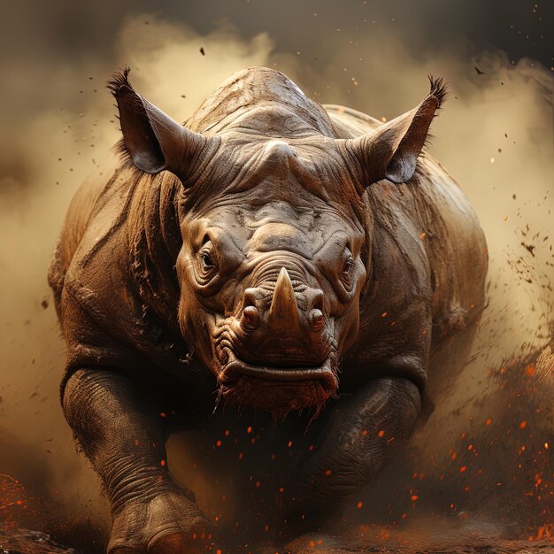 a rhino with a black nose is running in the air with flames on it