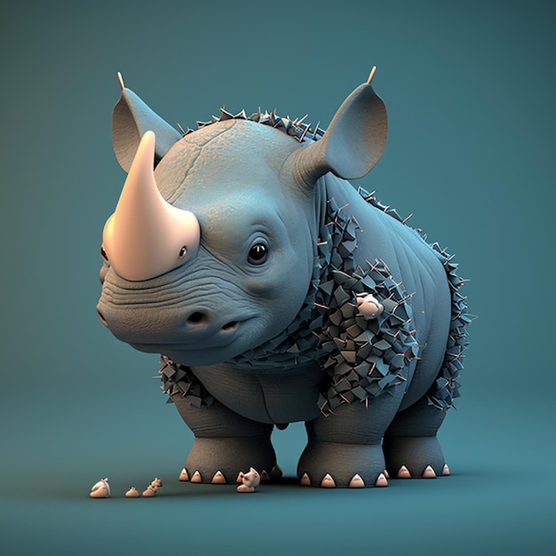 A rhino with a blue background and a flower on its horns.