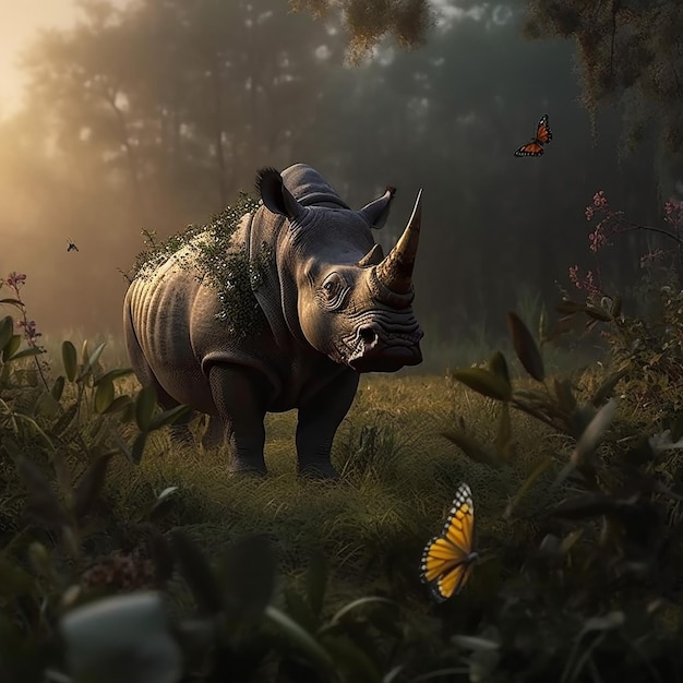 A rhino with a butterfly on its back