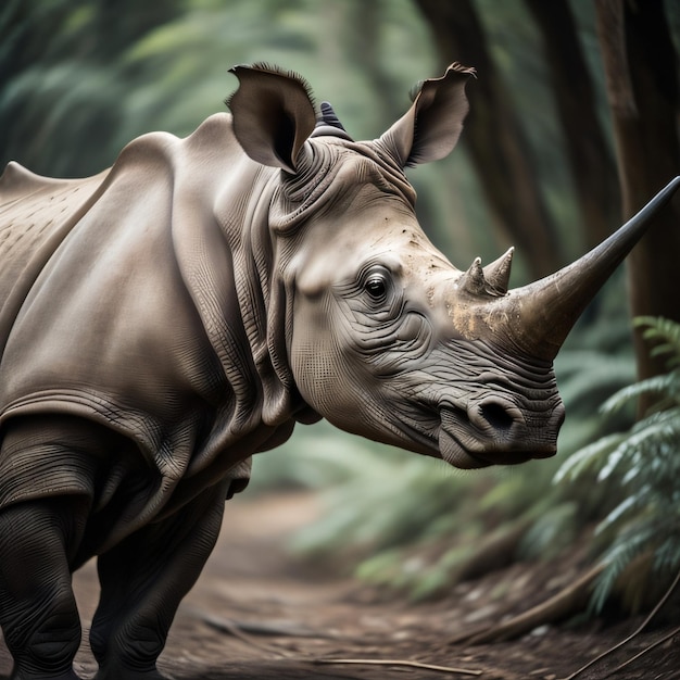 Носорог с рогом на голове стоит в лесу