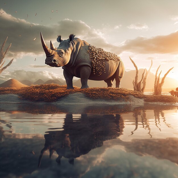 A rhino with a large body and the word rhino on it