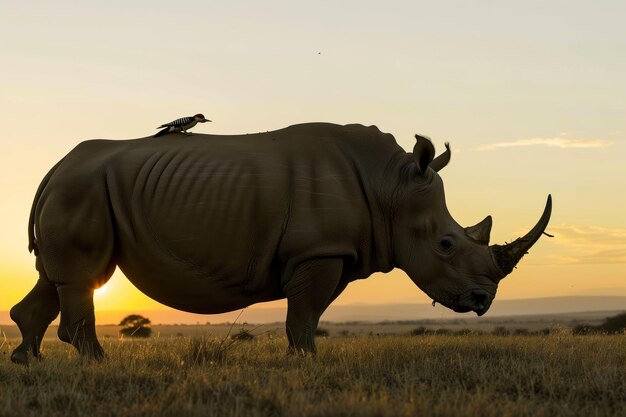 Photo rhino with oxpeckers on back at sunset