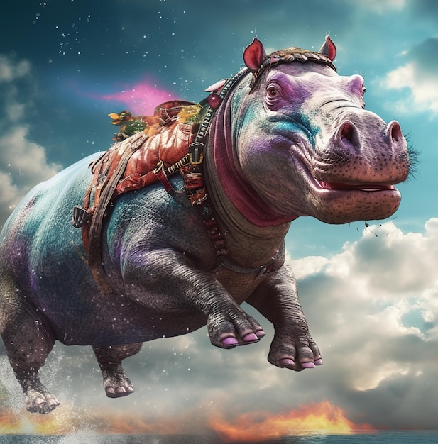 a rhino with a saddle on its back is flying in the sky.