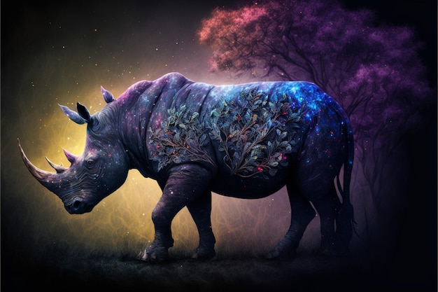 A rhino with a tree in the background