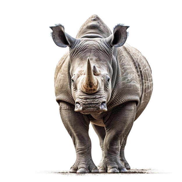 A rhino with two ears up and a white background.