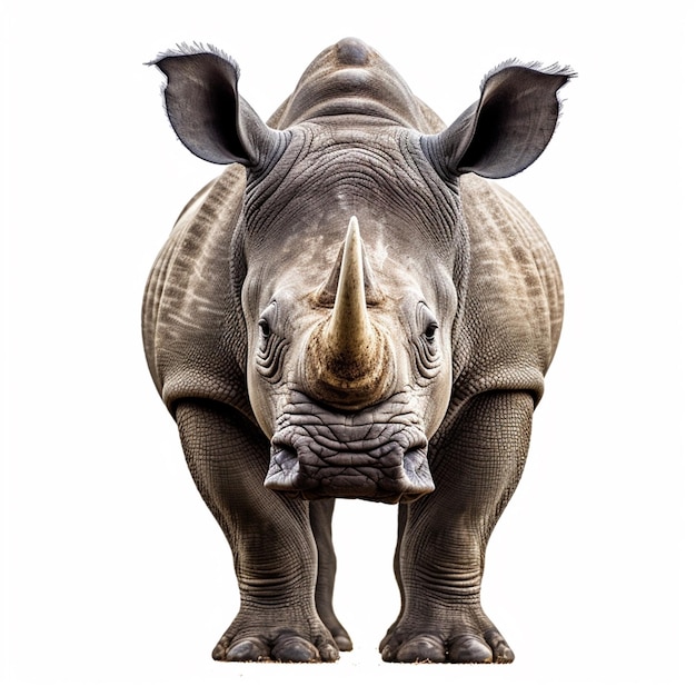 A rhino with two ears up and a white background.