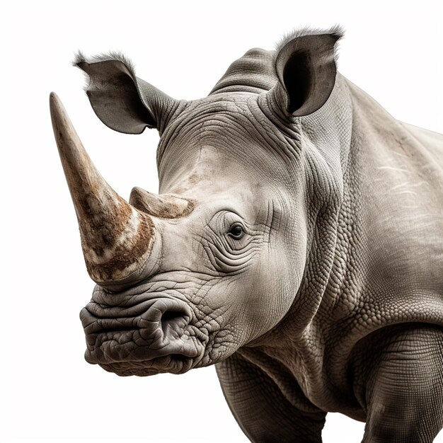 A rhino with a white background and a black horn.