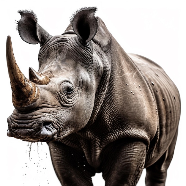 A rhino with a white background and a black and white photo of it